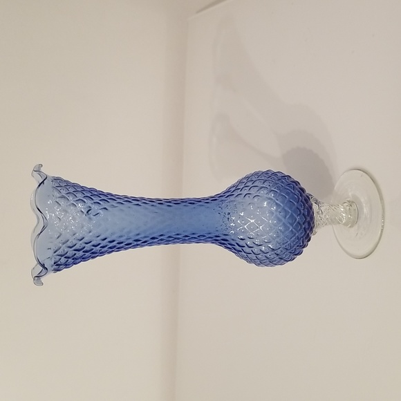 Vintage Blown Glass Diamond Cut Periwinkle Blue Clear Footed Delicate Bud Vase - Picture 4 of 13